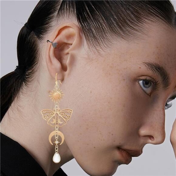 Moon Star Mushroom Earrings | Celestial Gold Dangle Earrings | Hypoallergenic - Picture 3 of 5